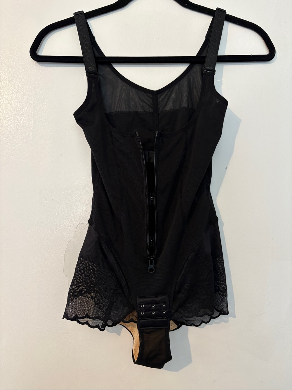 Amazon Black Lace-Trim Front-Zip Shaping Bodysuit
